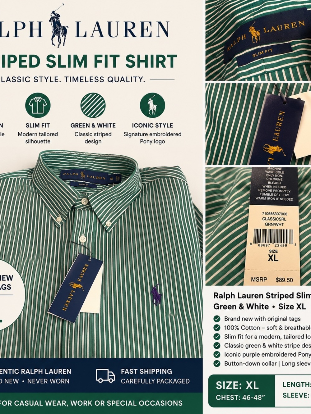 Ralph Lauren Green and White Striped Button-Down Shirt
